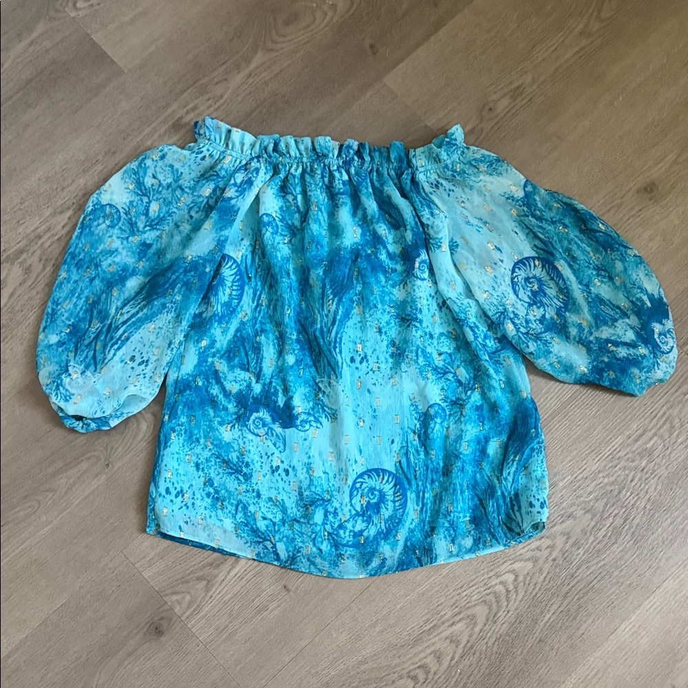 White House Black Market Blue Abstract Off-Shoulder Blouse